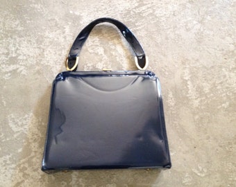 Vintage Dark Blue Shiny Vinyl Purse - classic handbag