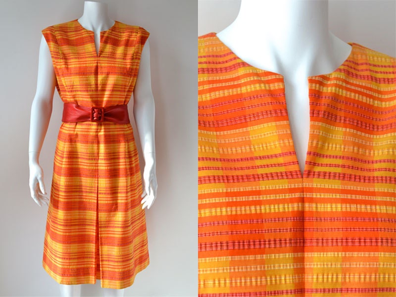 1960s orange day dress in striped plisse by Mancini California XL