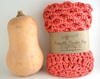 Farmers Market Bag - Reusable Cotton Grocery Tote - Melon