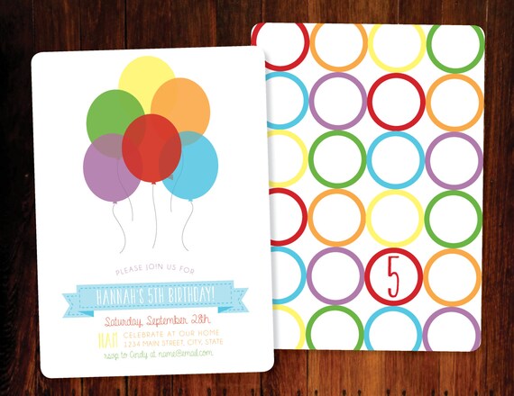 Rainbow Balloons Birthday invitation, double sided - set of 10 Il_570xn