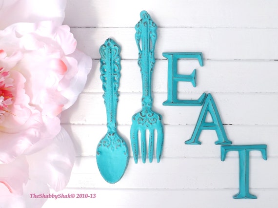 Kitchen Wall Decor / Aqua / Fork and Spoon Decor / EAT Sign/ Wall Word / Shabby Chic / Shabby Chic Decor / Kitchen Wall Art / Kitchen Decor