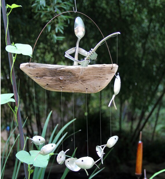 Fisherman And Spoon Fish Wind Chime Rustic Garden by NevaStarr