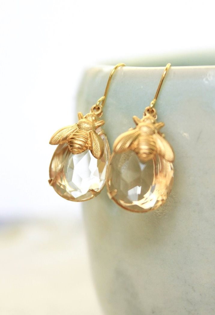 Honey Bee Earrings Summer Jewelry Gold Bumblebee Drop Earrings