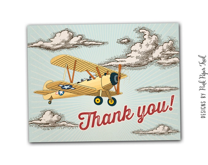 Thank You Card, Vintage Retro Airplane, Instant Download, Print your own