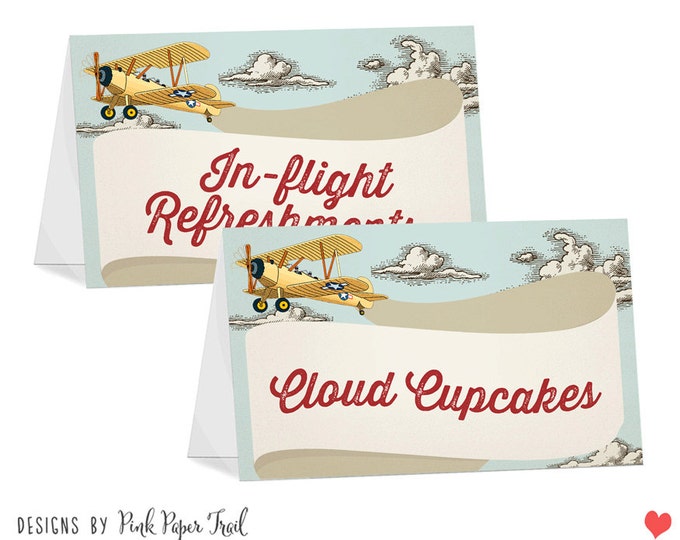 Food Tent Cards, Vintage Retro Airplane Themed, I will customize for you, Printable Buffet Signs