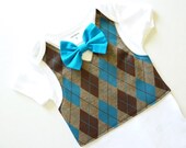 Blue and Brown Argyle Knit Vest Bodysuit with Removable Bow Tie