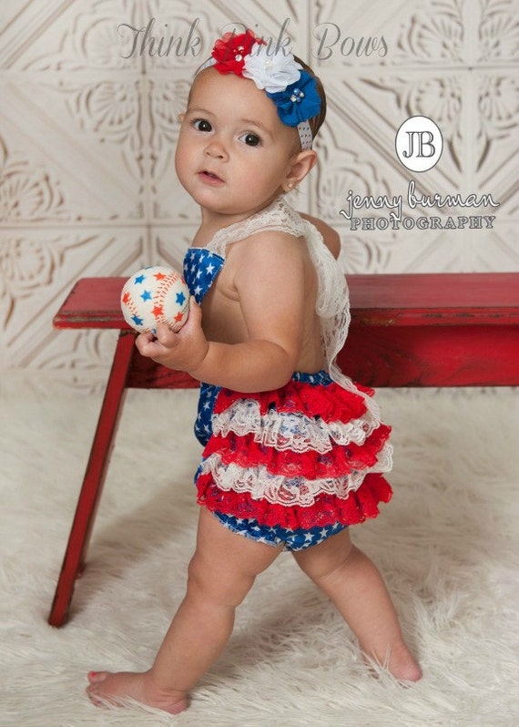 SALE, 4th of July Satin Romper and baby headband SET, 4th of July outfit, Girls romper, Baby Sunsuit, Girls 4th of Juy outfit.. by ThinkPinkBows