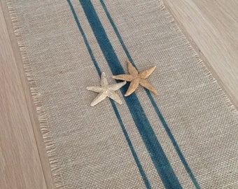 Burlap Table Runner 10-14x48 Deep Aqua Grain Sack Striped Home Decor