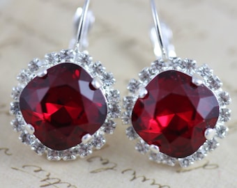 Red Earrings Silver Earrings Clip On Avail Bridesmaids Earrings Swarovski Crystal Earrings Crystal Earrings Dangle Christmas Siam Bridal