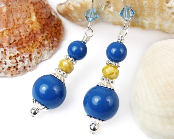 Bright Blue Lapis Pearl Dangles, Yellow Czech Picasso Glass, Swarovski, Aquamarine Crystals, Sterling Silver Ear Hooks, Handmade Earrings