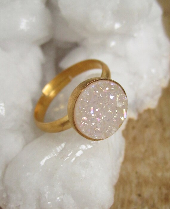 Snow White Druzy Ring Druzy Quartz Gold Vermeil Adjustable