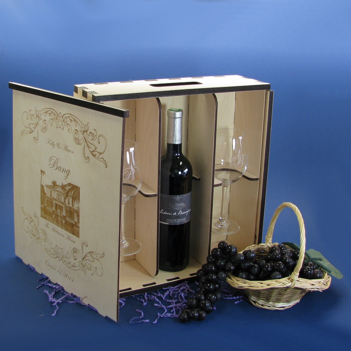 Personalized Winery Style Wood Wine Box Set with 2 Crystal Wine Glasses