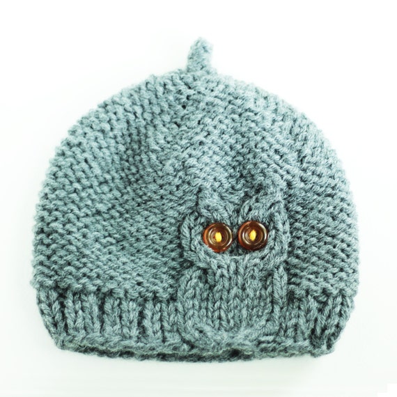 Owl Cable Knit Hat in Light Gray