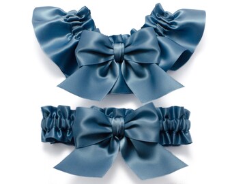 Wedding garters - bridal garters - antique blue garters - vintage light blue satin garters - dusty blue prom garters - infantry blue garters