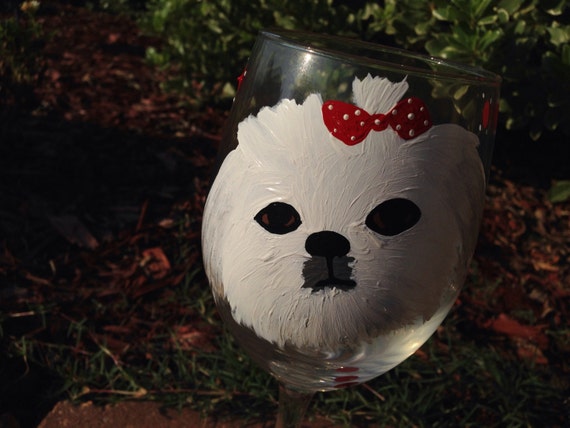 Custom painted pet wineglass, shitzu toy breed dogs, dog lover, dog bows, animal lover