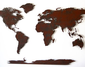 World Map Metal wall art - 50" wide X 30" tall - 5 separate pieces - Choose your patina color :) Shown in the Rust Patina