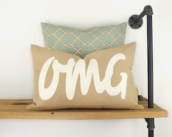 12x18 Outdoor Lumbar Pillow Case | Abbreviation Oh My God | Sand Beige and White OMG Cushion Cover | Word Pillow, SMS, Texting, Quote