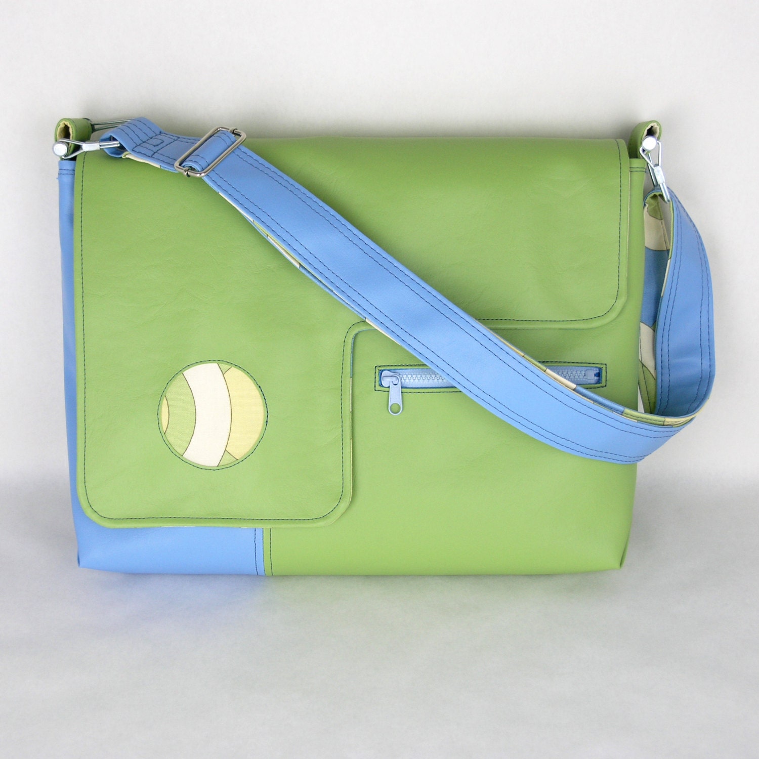 Vegan Laptop Bag Artichoke Green and Sky Blue vinyl laptop