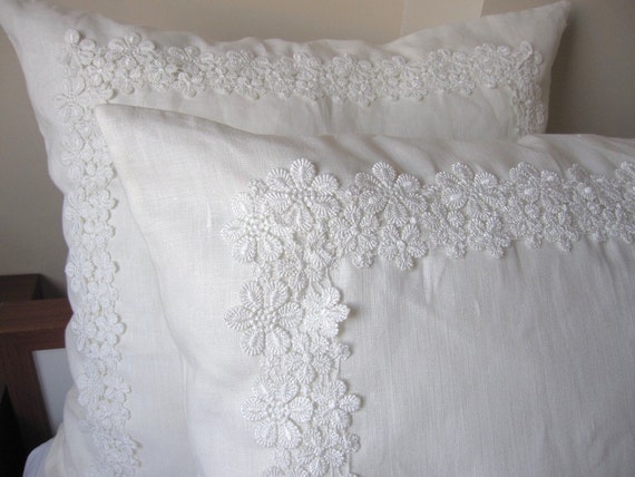 solid white ivory linen pair euro shams French guipure lace