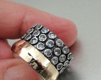 New Israel Fabulous Handmade 9k yellow Gold 925 sterling Silver Blue Topaz Ring 7.5 (I r551