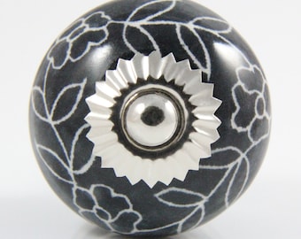 Black ceramic knob with white flowers 3.9cm BW006