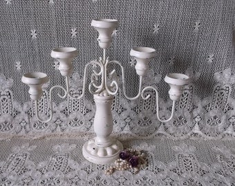 Vintage Painted, Shabby French Country Candleabra, five holder, chippy, creamy white, distressed