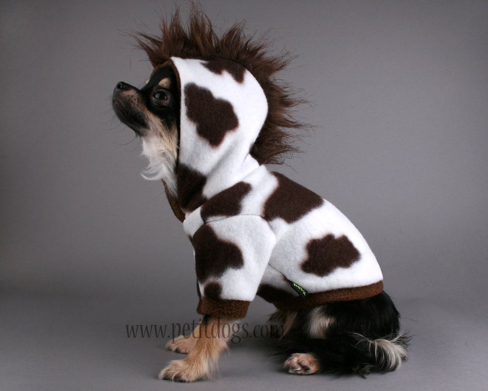 Dog Clothes Cow Costume with Mohawk Brown and Cream fleece dog