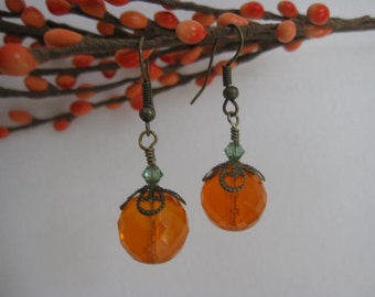 Fall Pumpkin Earrings-Halloween Orange Glass with Peridot Crystal