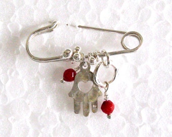 Baby Crib Charm Brooch. Sterling Silver Good Luck Brooch. Safety Pin Hamsa with Coral. Handmade Amulet Brooch
