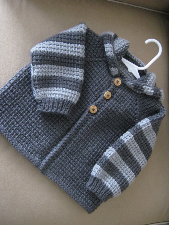 Chrochet Baby Boy Sweater with Hood - Dark Grey and Light Grey - MADE TO ORDER - 12-18 Months in Tunisian Crochet - Handmade