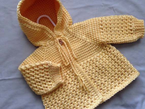 Yellow Crochet Baby Sweater with Hood -  0-3 Months in Tunisian Crochet - MADE TO ORDER - Handmade