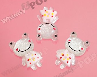 Kawaii White Transparent Glitter and Pink Dress Girl Frog Flatback Cabochons, Frog Cabochons, Toad Cabochons, Animal, 34mm (R6-095,C2-10)