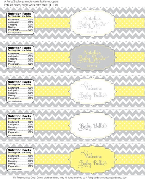 Gender Neutral Baby Shower- chevron yellow and grey personalized water bottle wrapper- print your own Il_570xn