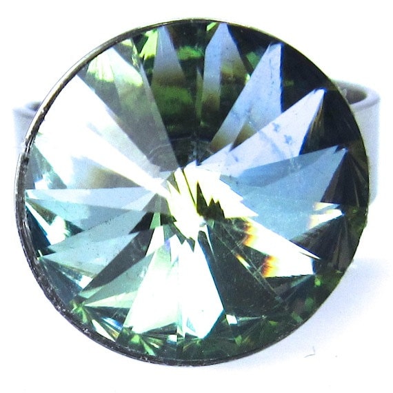 Green Crystal Adjustable Stainless Steel Ring, Czech Preciosa Crystal Sahara