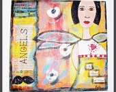 Art Altered Mixed Media Collage Primitive Folk Art Painting On Wood Angel Wings FosterChild Whimsy
