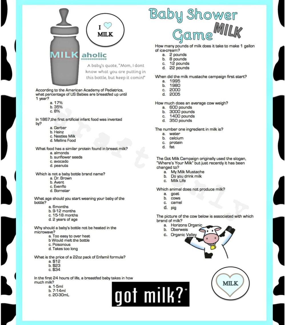 Baby Shower GameMilkaholic Game Milk Trivia