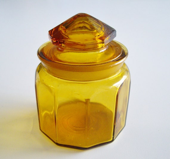Vintage Jar Amber Yellow Glass Jar with Lid or Container by