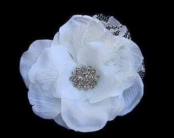 Soft White Lace Flower Hair Clip Fascinator with Rhinestones