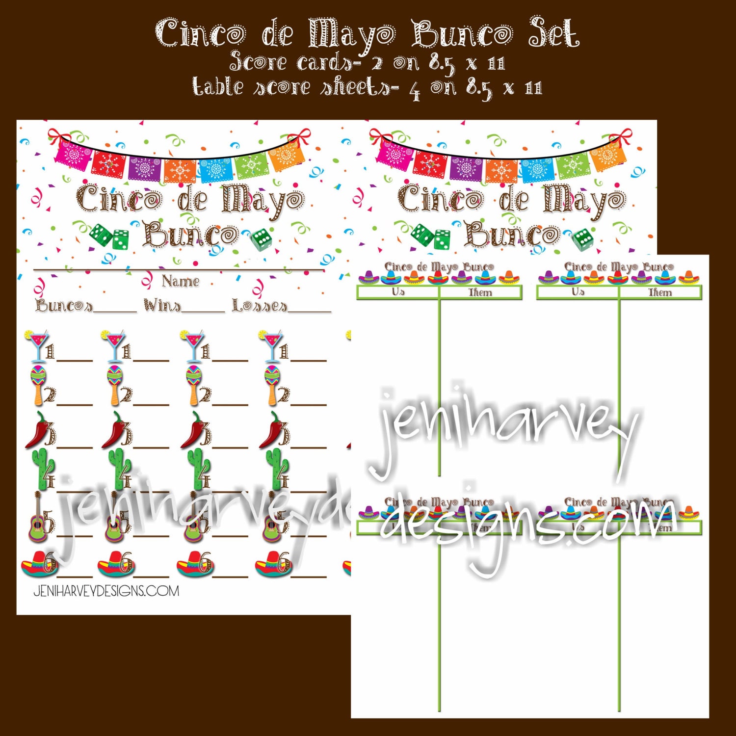 Cinco De Mayo Bunco Score Card And Table Score Sheet