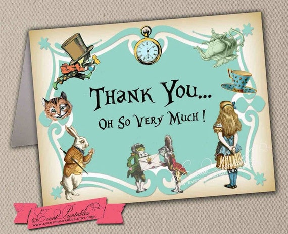 Alice In Wonderland Thank You Card In Blue Printable Folded