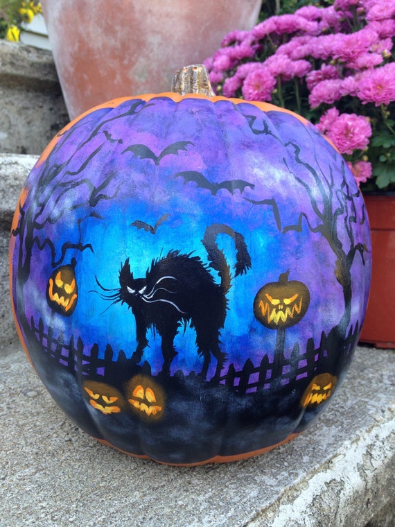 Items similar to Painted Plastic Pumpkin with black cat scene. on Etsy