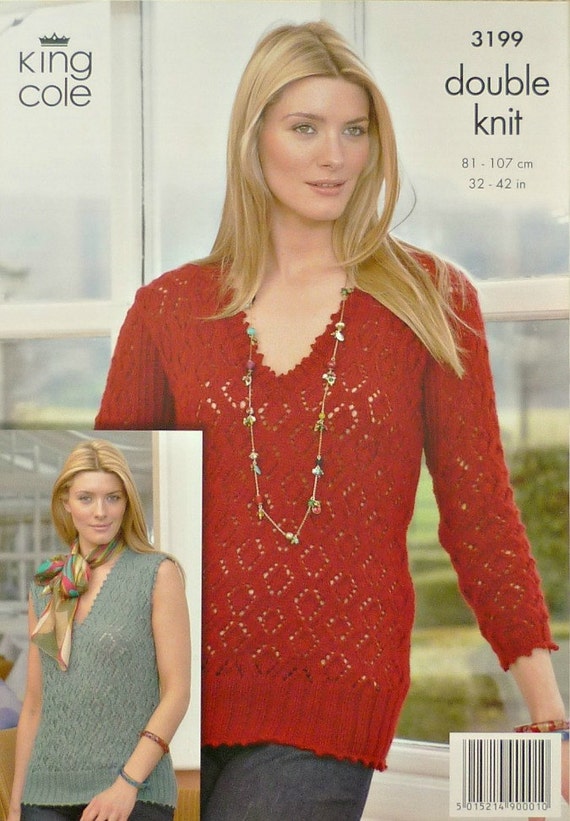 Womens Knitting Pattern K3199 Ladies V-Neck Lacy Jumpers