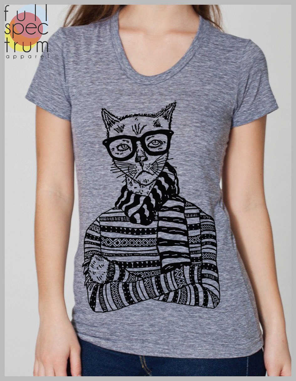 Women's Hipster Cat T Shirt American Apparel Tee S M L