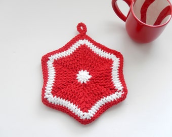 Red and white crochet potholder, handmade kitchen accessories in white and red cotton,moder kitchen decor READY TO SHIP