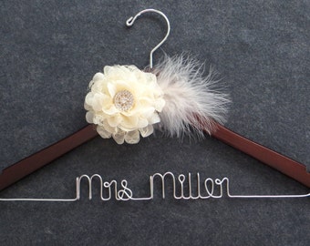 FEATHERS AND LACE Wedding Hanger - Bridal Gown Hanger - Ivory Flower - Mrs Hanger - Wedding Dress Hanger - Personalized Bride Gift - Custom