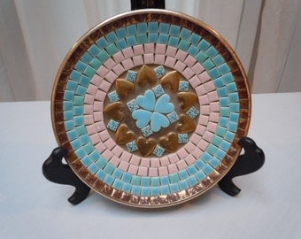 Vintage 60's " Heart" Tile Mosaic Plate in Gold-Pink and Blue Unique Gift Plate 8" round