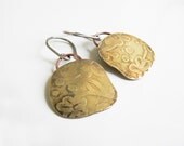 brass oxidized mixed metal earrings metalsmith metalwork brass brown jewelry  acid etched pattern metal flower