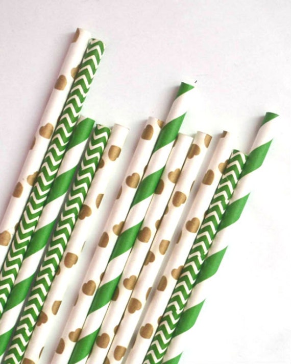 Gold and Green Paper Straws // Birthday // Wedding // Supplies // Baby Shower // Paper Goods // Drinking Straws // Cake Pops Il_570xn