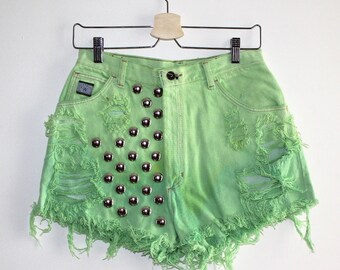 Denim Cutoff Shorts - Lime Green Round Studded Slashed and Frayed Denim Shorts