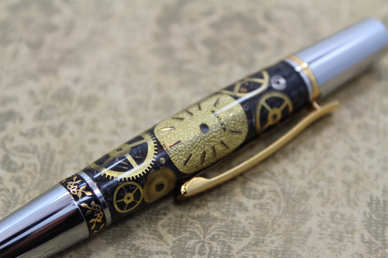 Vintage Watch Parts Pen on Carbon Fiber, Handmade Schimmel